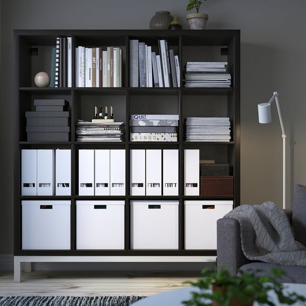 KALLAX shelving unit with underframe, black-brown/white, 147x164 cm