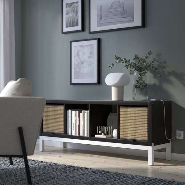 KALLAX shelving unit with underframe, black-brown/white, 147x59 cm