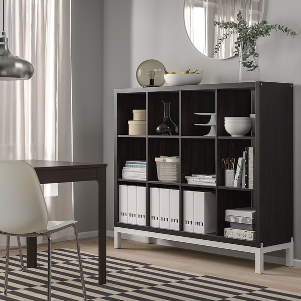 KALLAX shelving unit with underframe, black-brown/white, 147x129 cm