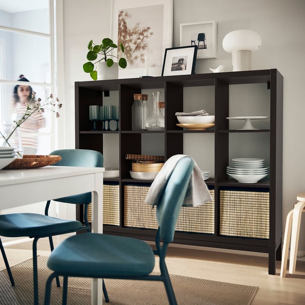 KALLAX shelving unit with underframe, black-brown/black, 147x129 cm