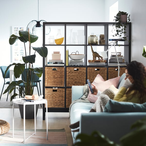 KALLAX shelving unit with underframe, black-brown/black, 147x164 cm