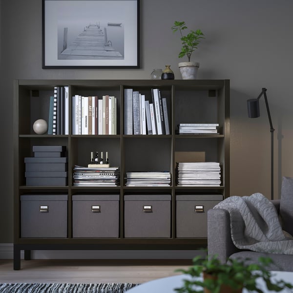 KALLAX shelving unit with underframe, black-brown/black, 147x129 cm