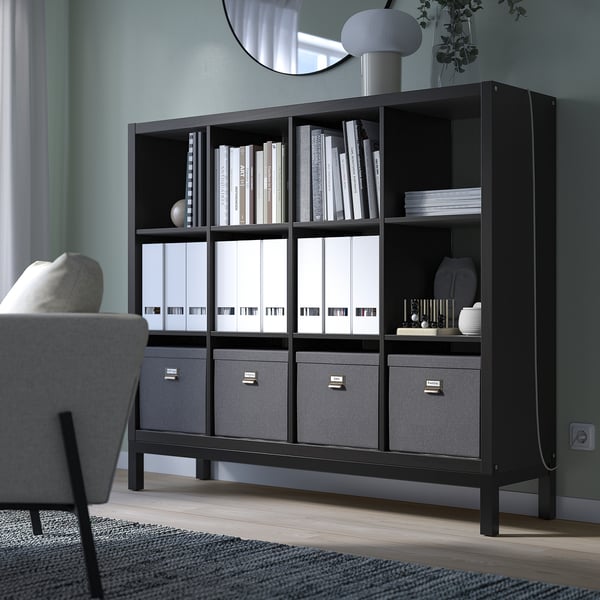 KALLAX shelving unit with underframe, black-brown/black, 147x129 cm