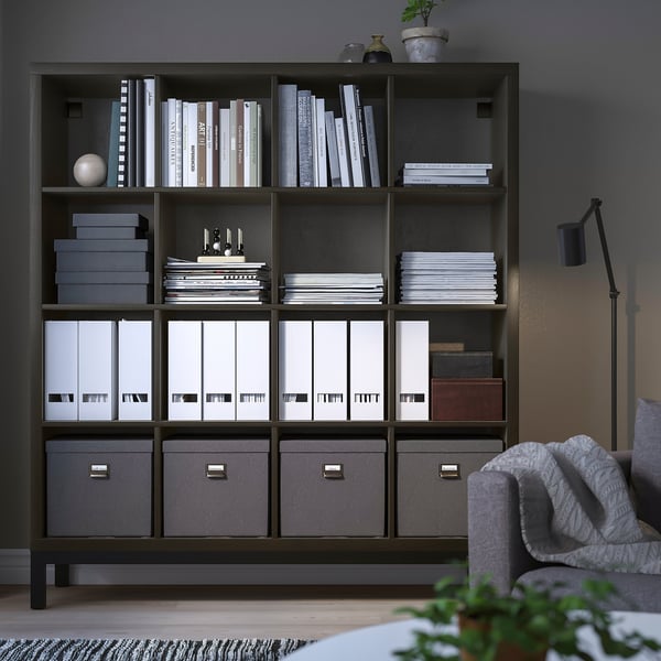 KALLAX shelving unit with underframe, black-brown/black, 147x164 cm
