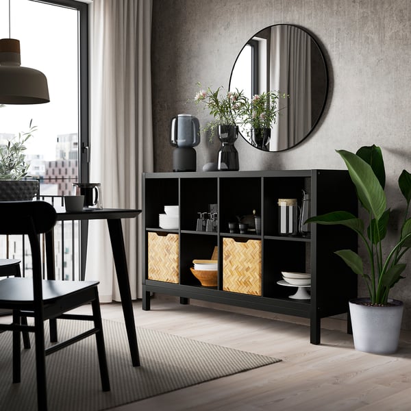 KALLAX shelving unit with underframe, black-brown/black, 147x94 cm