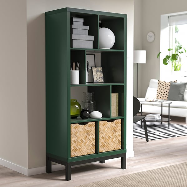 KALLAX shelving unit with underframe, dark green/black, 77x39x164 cm