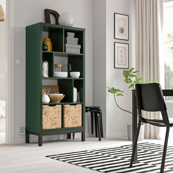 KALLAX - Shelving unit with underframe, dark green/black, 77x39x164 cm