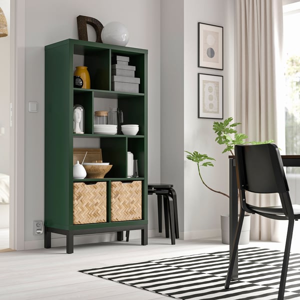 KALLAX shelving unit with underframe, dark green/black, 77x39x164 cm