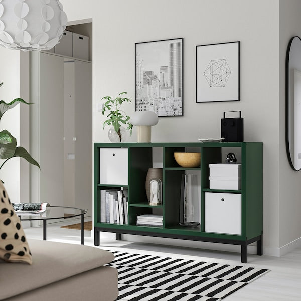 KALLAX - Shelving unit with underframe, dark green/black, 147x39x94 cm