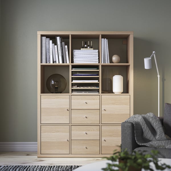 KALLAX insert with 4 shelves, white stained/oak effect, 33x33 cm