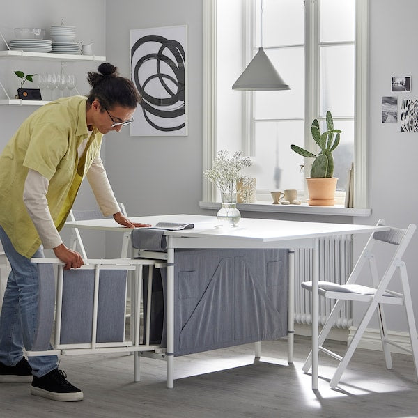 KALLHÄLL - Gateleg table with storage, white/light grey, 33/89/145x98 cm