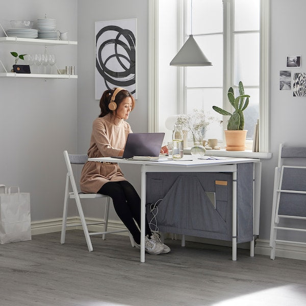 KALLHÄLL - Gateleg table with storage, white/light grey, 33/89/145x98 cm