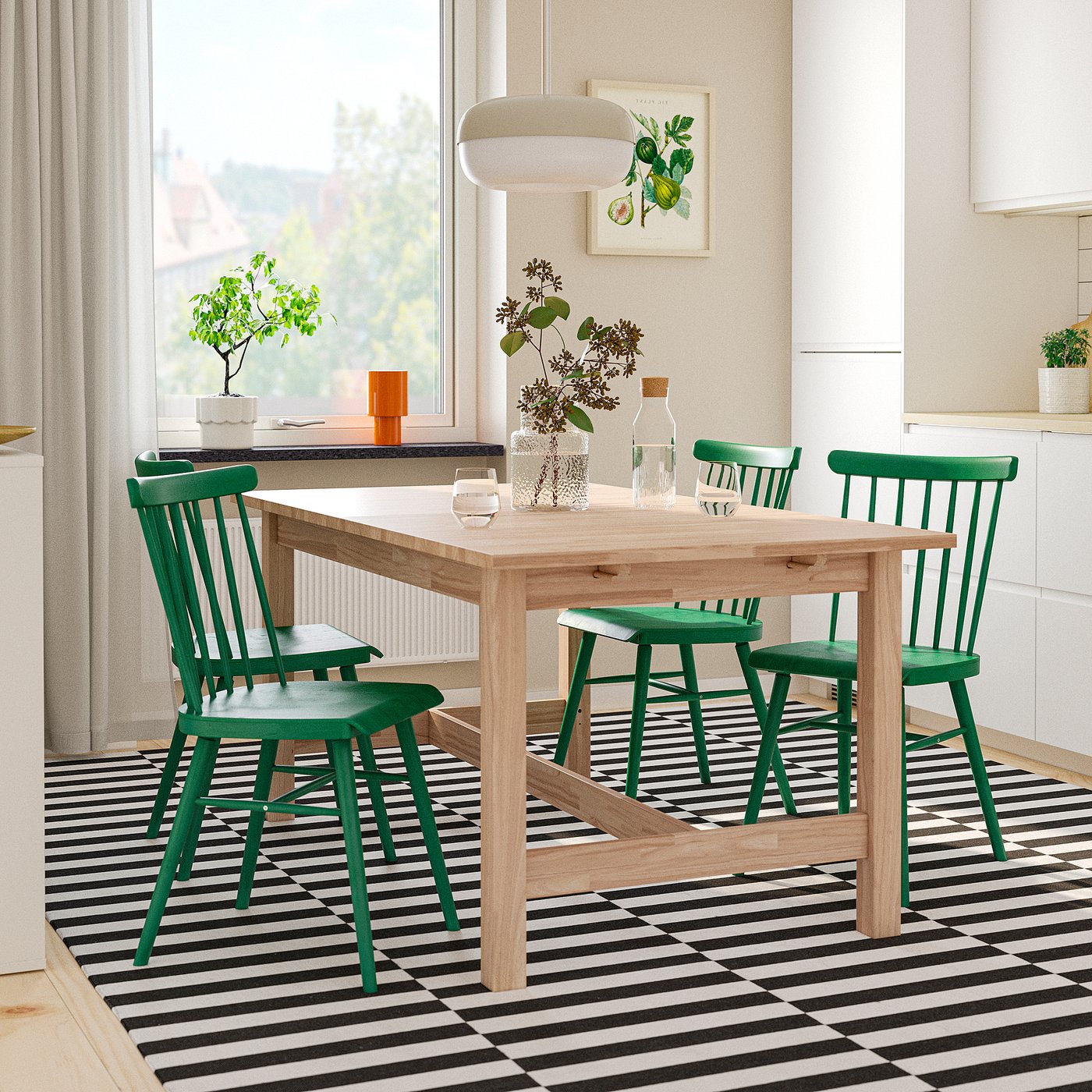 KARSKÄR / HÖGVED table and 4 chairs, rubberwood/green, 160/220x90 cm