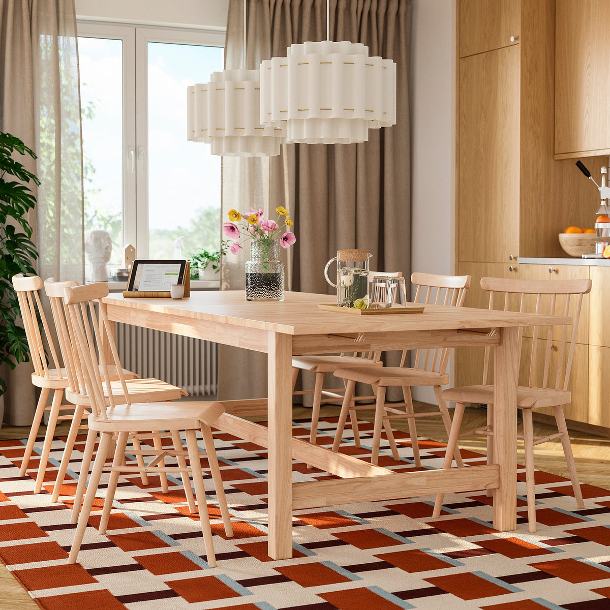 KARSKÄR / HÖGVED table and 6 chairs, rubberwood/birch veneer, 240/300x100 cm