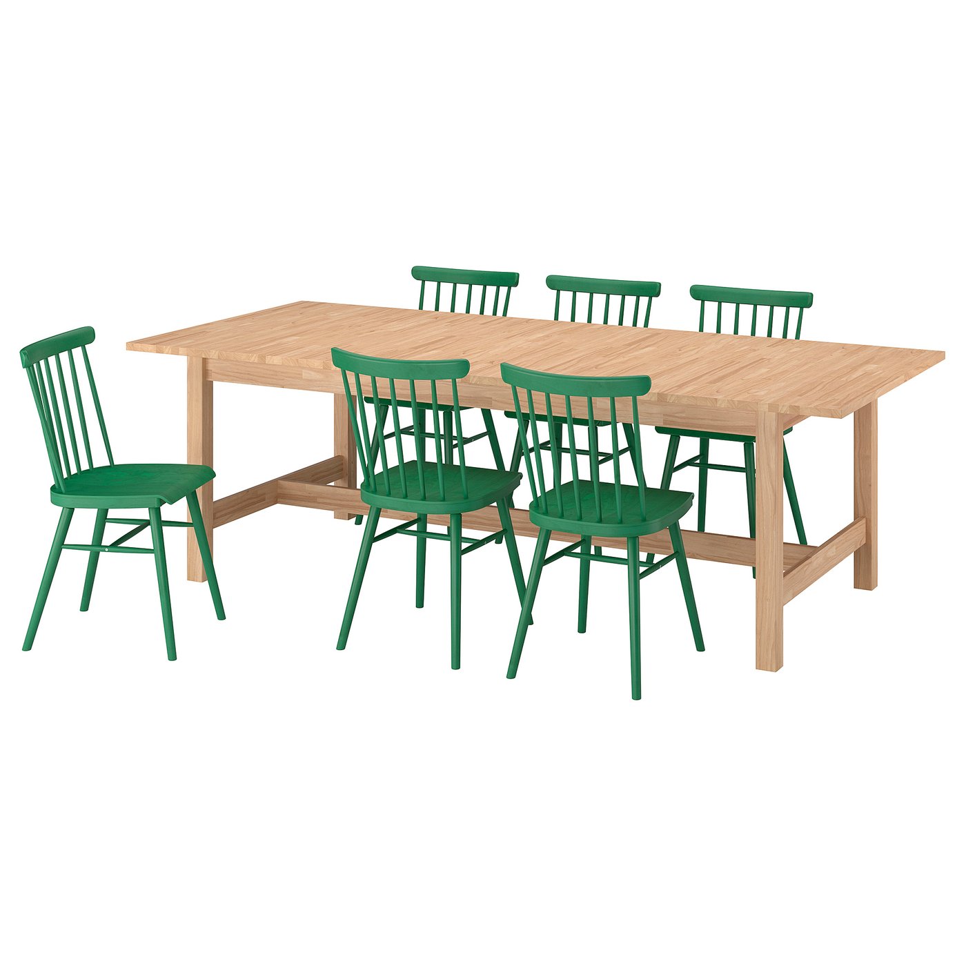 KARSKÄR / HÖGVED table and 6 chairs, rubberwood/green, 240/300x100 cm