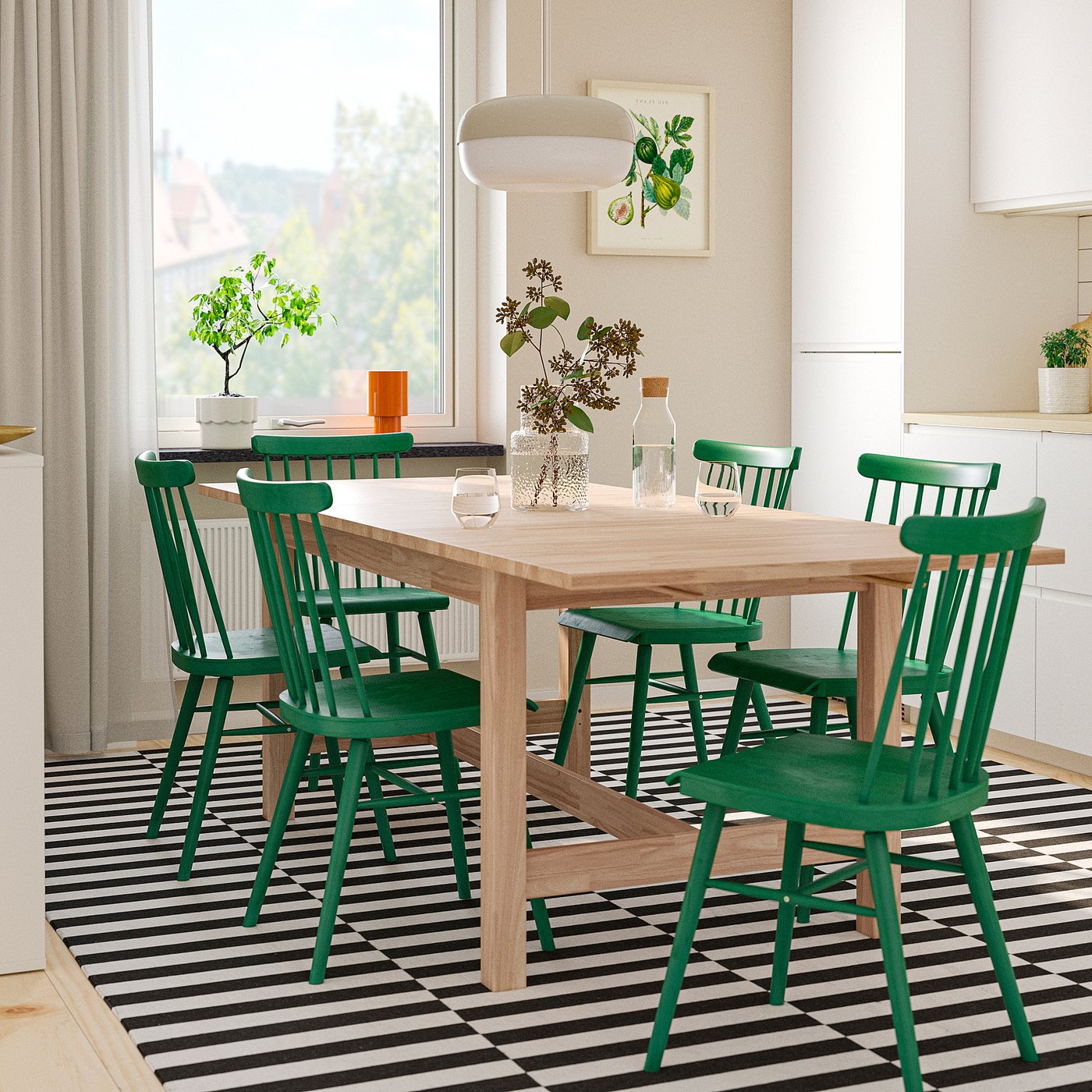 KARSKÄR / HÖGVED table and 6 chairs, rubberwood/green, 160/220x90 cm