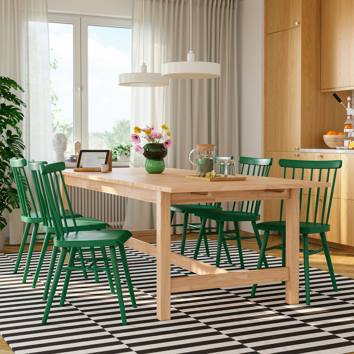KARSKÄR / HÖGVED table and 6 chairs, rubberwood/green, 240/300x100 cm