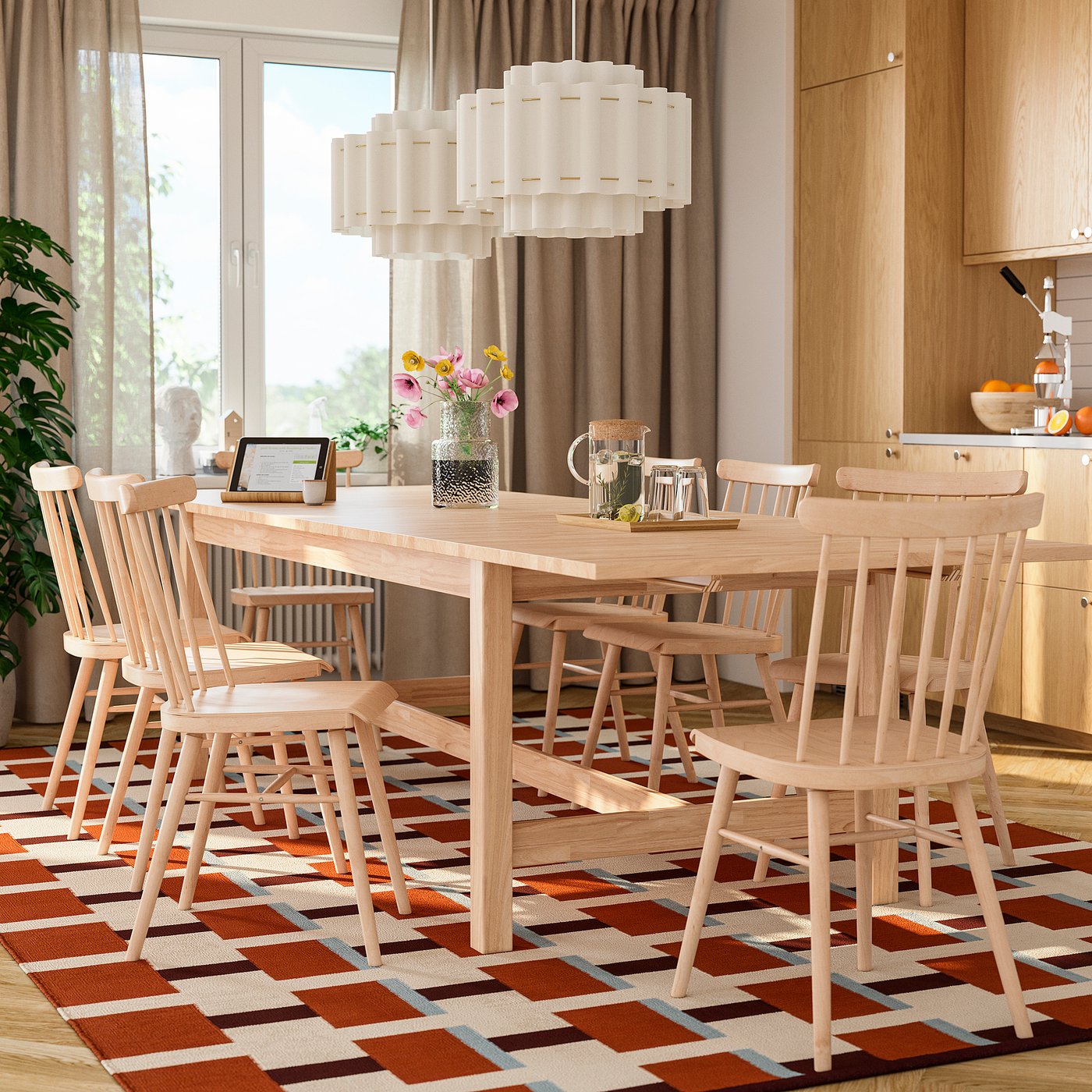 KARSKÄR / HÖGVED table and 8 chairs, rubberwood/birch veneer, 240/300x100 cm