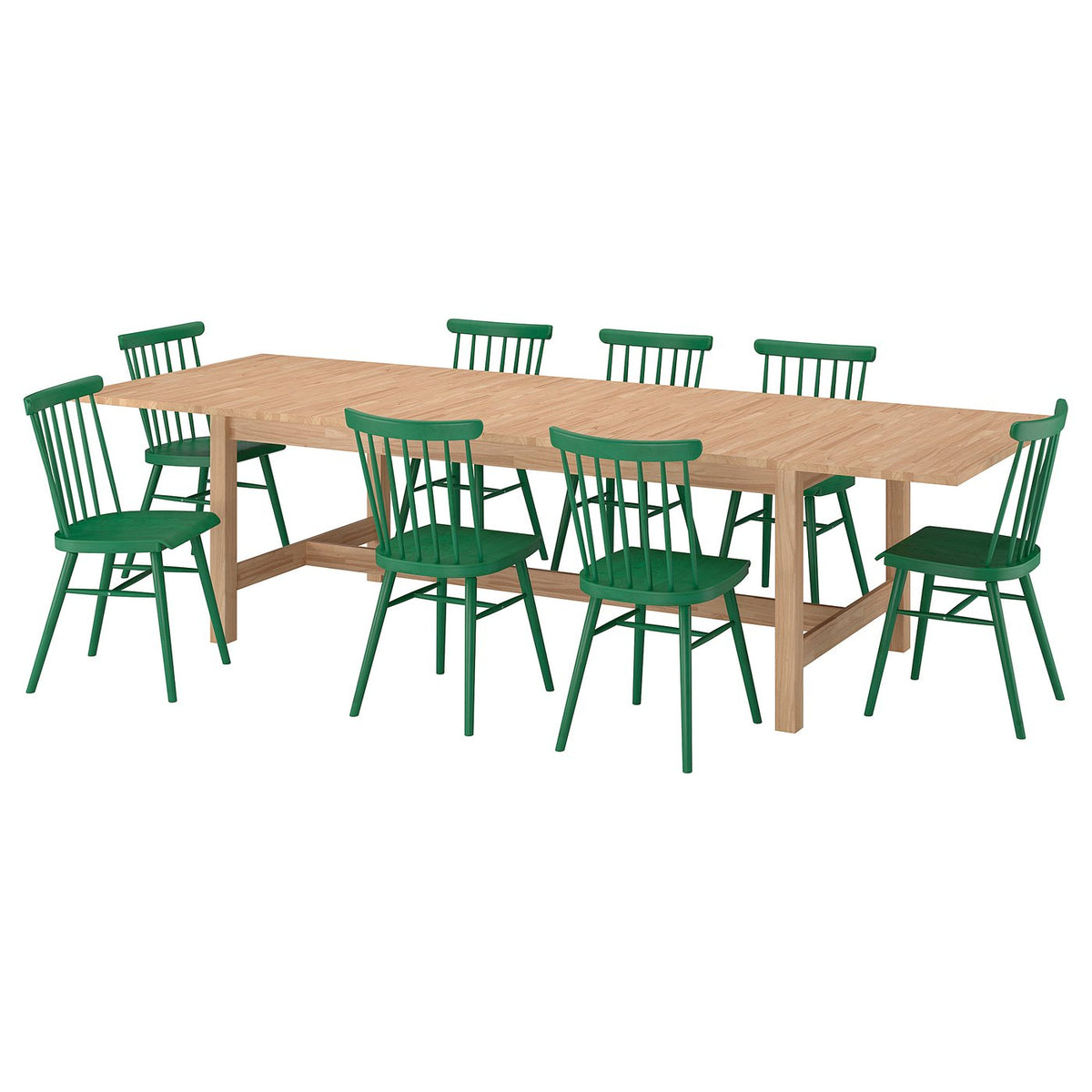 KARSKÄR / HÖGVED table and 8 chairs, rubberwood/green, 240/300x100 cm