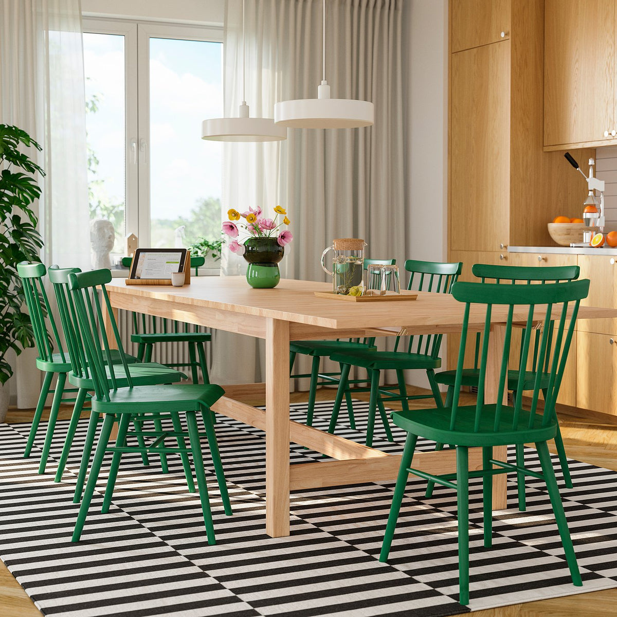 KARSKÄR / HÖGVED table and 8 chairs, rubberwood/green, 240/300x100 cm