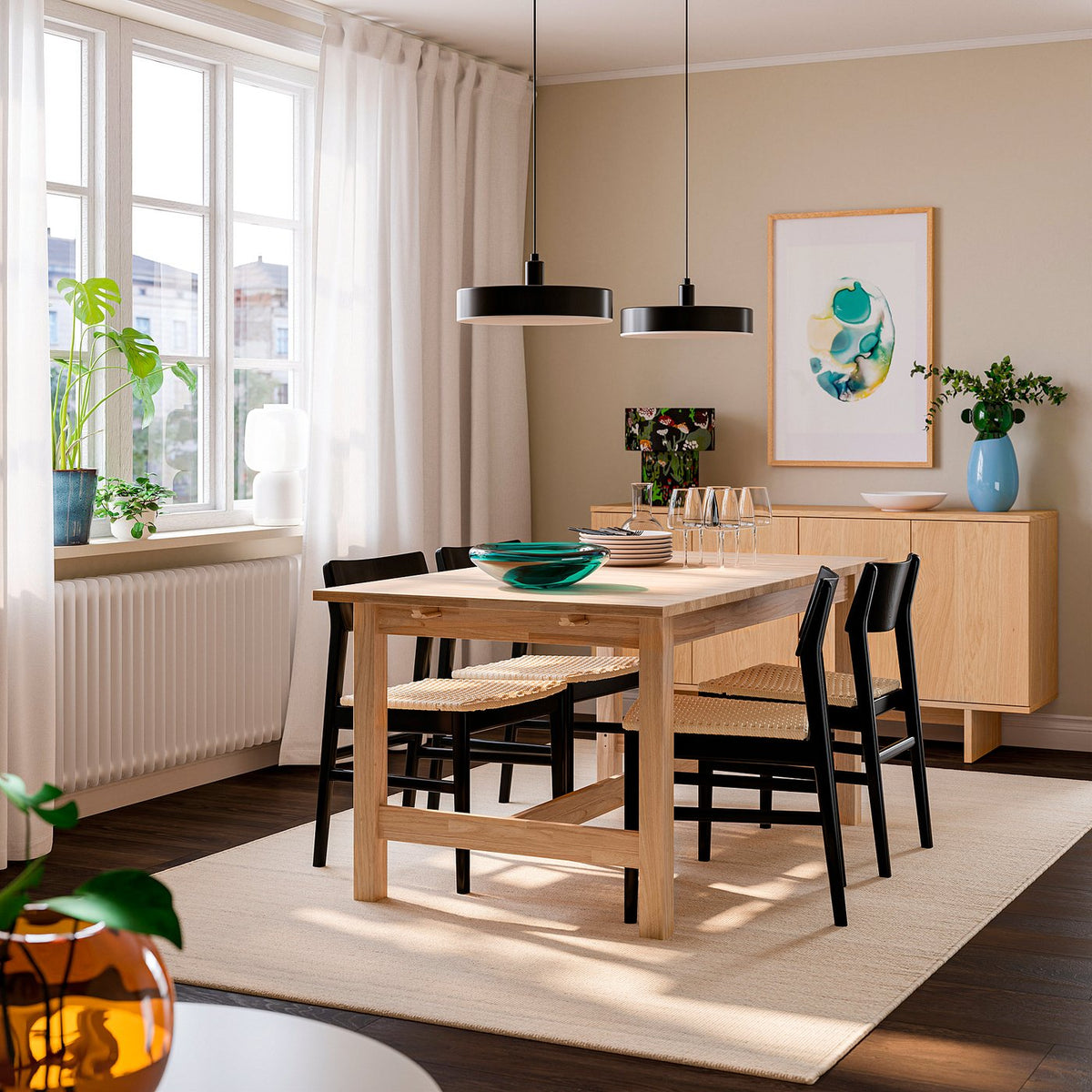 KARSKÄR / SKANSNÄS table and 4 chairs, rubberwood/black beech, 160/220x90 cm