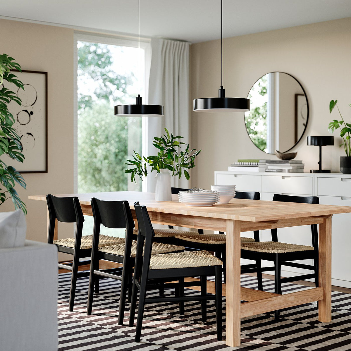 KARSKÄR / SKANSNÄS table and 6 chairs, rubberwood/black beech, 240/300x100 cm