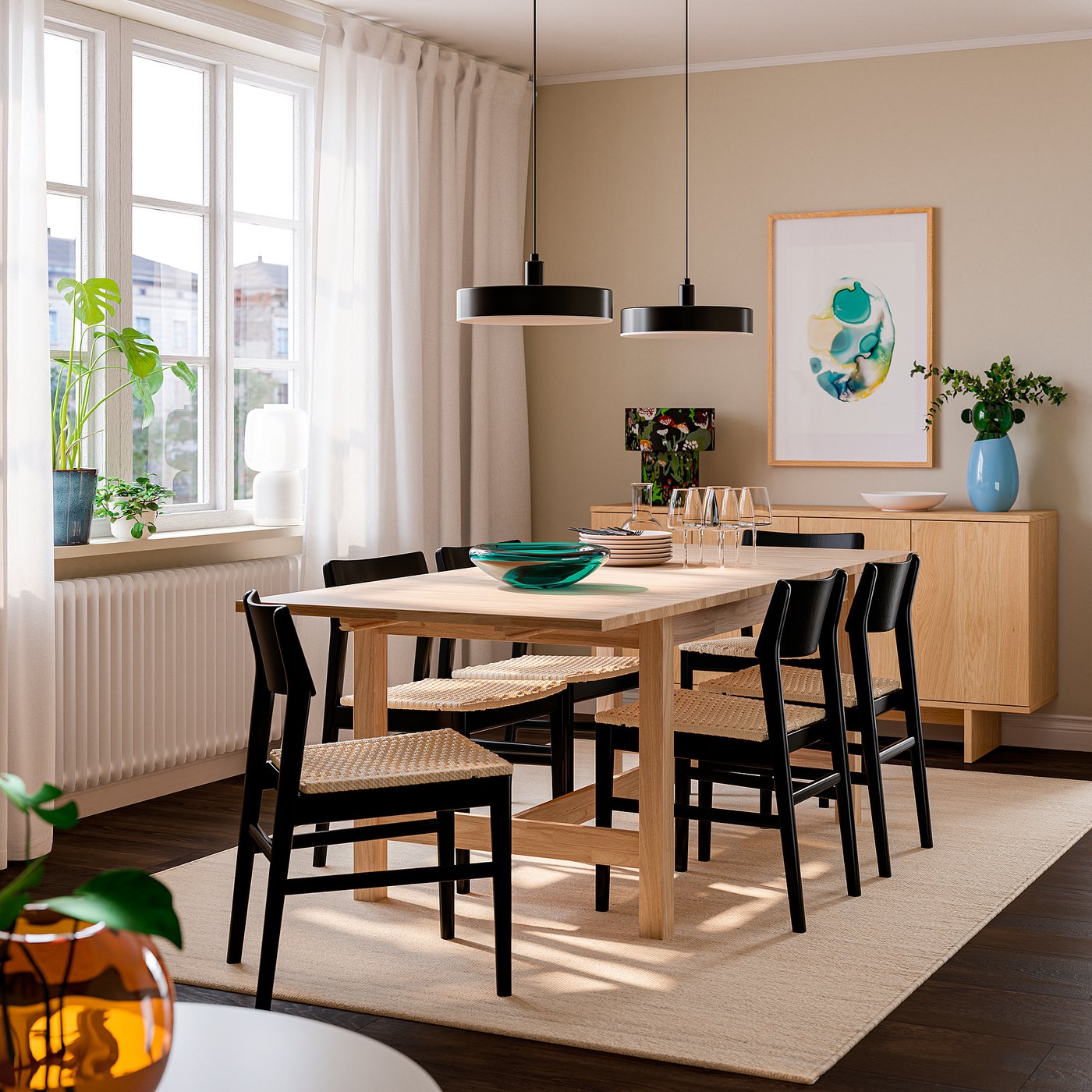 KARSKÄR / SKANSNÄS table and 6 chairs, rubberwood/black beech, 160/220x90 cm