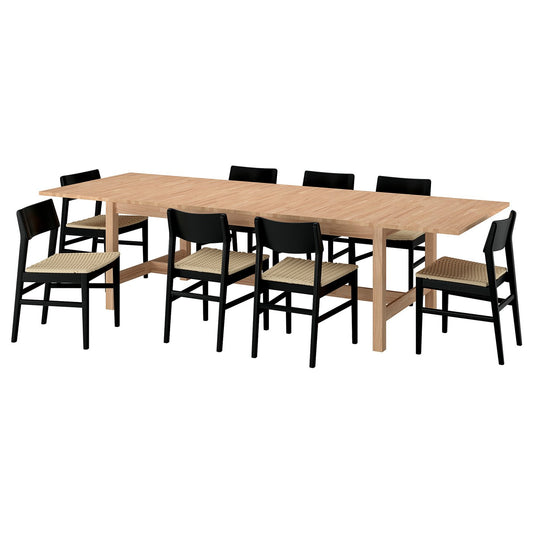 KARSKÄR / SKANSNÄS table and 8 chairs, rubberwood/black beech, 240/300x100 cm