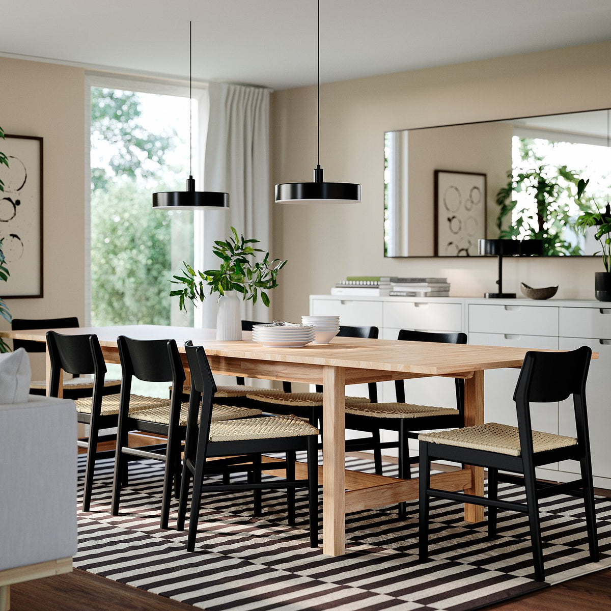 KARSKÄR / SKANSNÄS table and 8 chairs, rubberwood/black beech, 240/300x100 cm