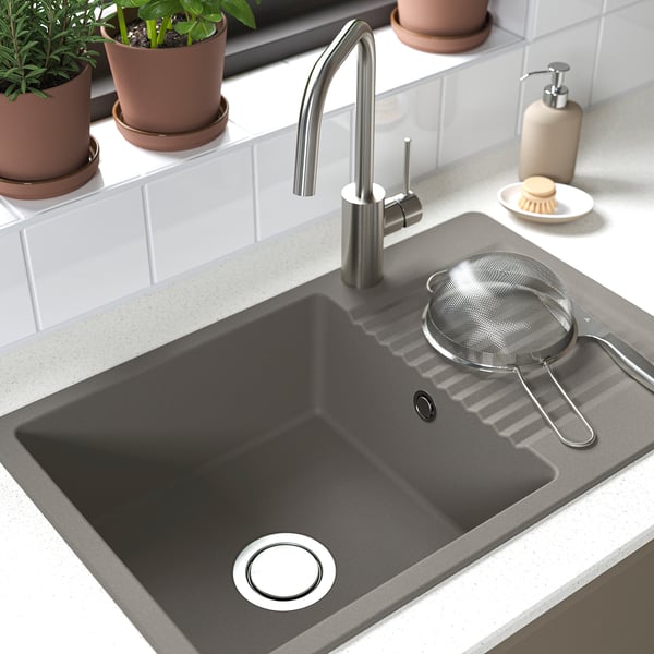 KILSVIKEN inset sink, 1 bowl with drainboard, grey-beige quartz composite, 72x46 cm