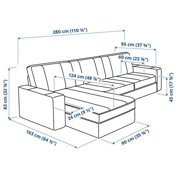 Ikea KIVIK - 3-seater sofa with chaise-longue, Gunnared smoky gray