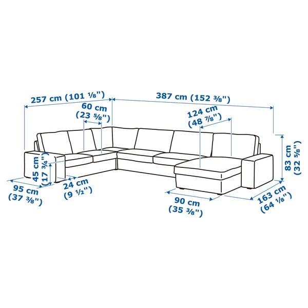 Ikea KIVIK 6 seater angol sofa/chaise-longue, Kelinge grey-turquoise ,