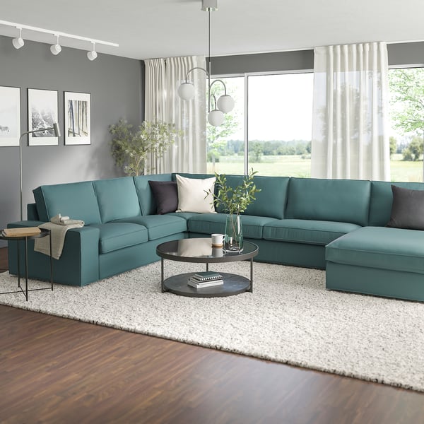 KIVIK corner sofa, 6-seat w chaise longue, Kelinge grey-turquoise, 24x83x163 cm
