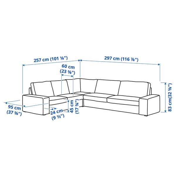 KIVIK corner sofa, 5-seat, with chaise longue/Grann/Bomstad black, 24x83x95 cm