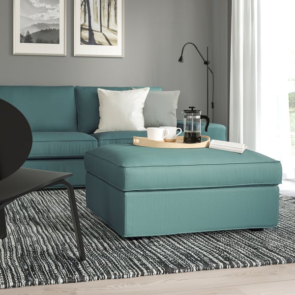 KIVIK footstool with storage, Kelinge grey-turquoise, 90x43x70 cm