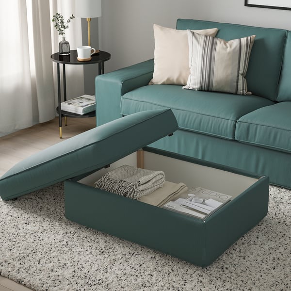 KIVIK footstool with storage, Kelinge grey-turquoise, 90x43x70 cm