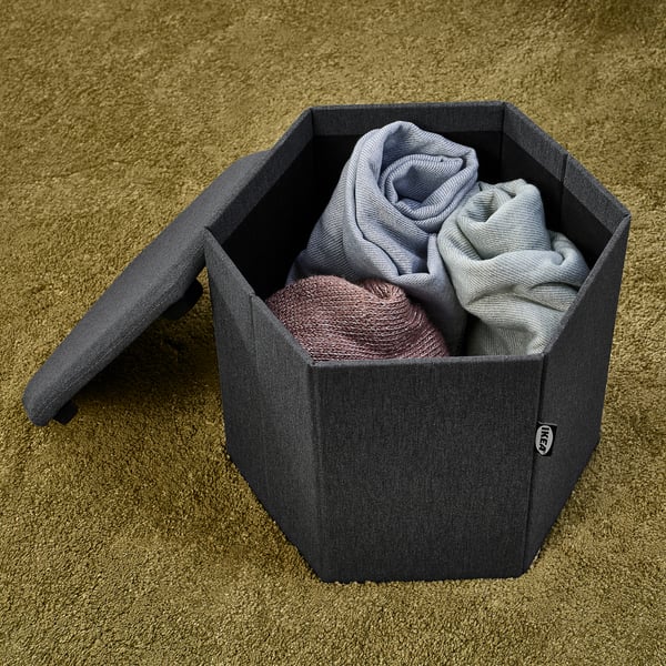 KJUGE pouffe with storage, Knisa dark grey, 38 cm