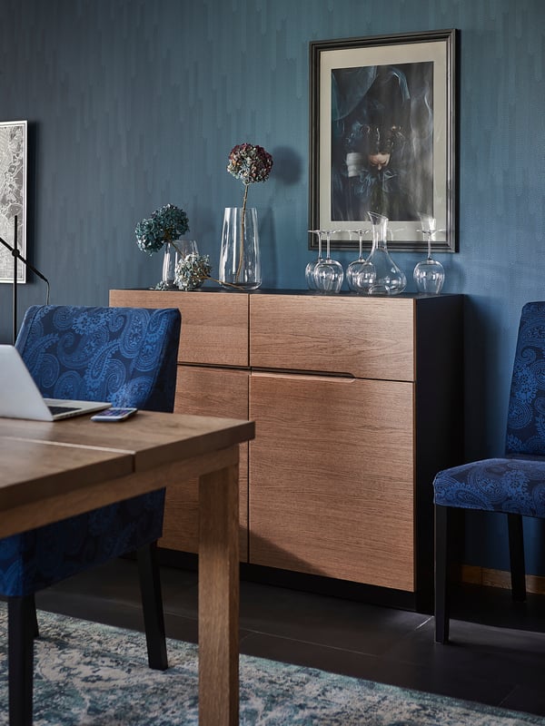 KLACKENÄS sideboard, black/oak veneer brown stained, 120x97 cm