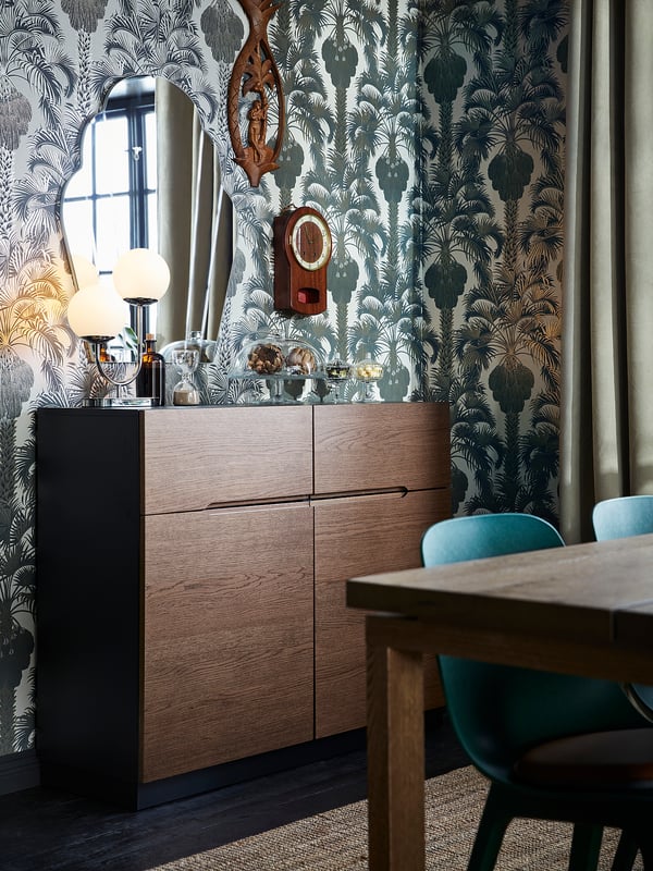 KLACKENÄS sideboard, black/oak veneer brown stained, 120x97 cm
