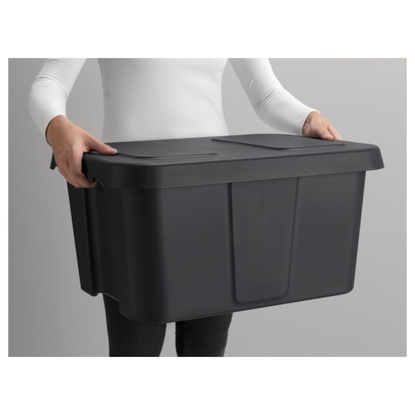KLÄMTARE box with lid, in/outdoor, dark grey, 58x45x30 cm