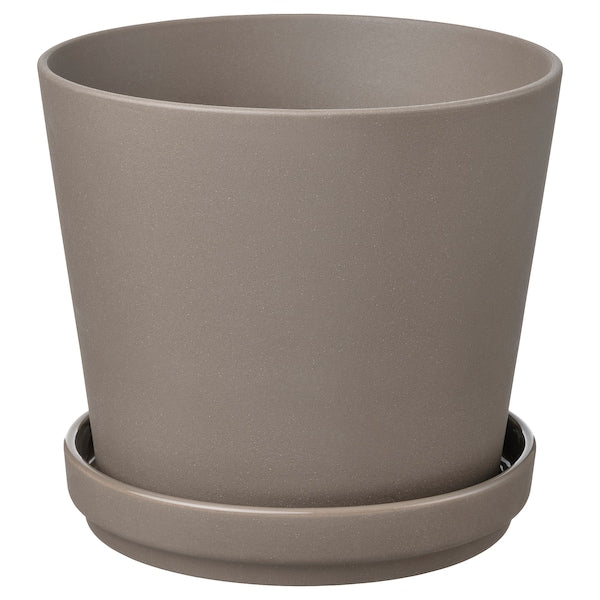 KLARBÄR - Plant pot with saucer, in/outdoor grey-brown, 15 cm