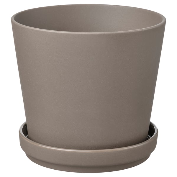 KLARBÄR plant pot with saucer, in/outdoor grey-brown, 15 cm