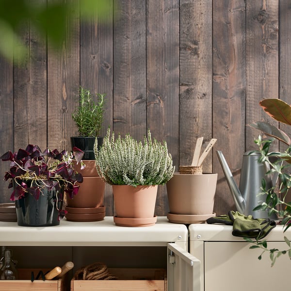 KLARBÄR plant pot with saucer, in/outdoor brown, 12 cm