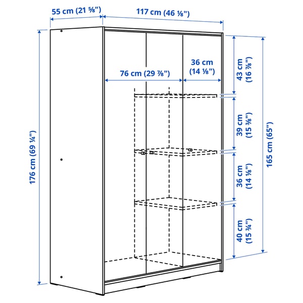 KLEPPSTAD wardrobe with 3 doors, white, 117x55x176 cm