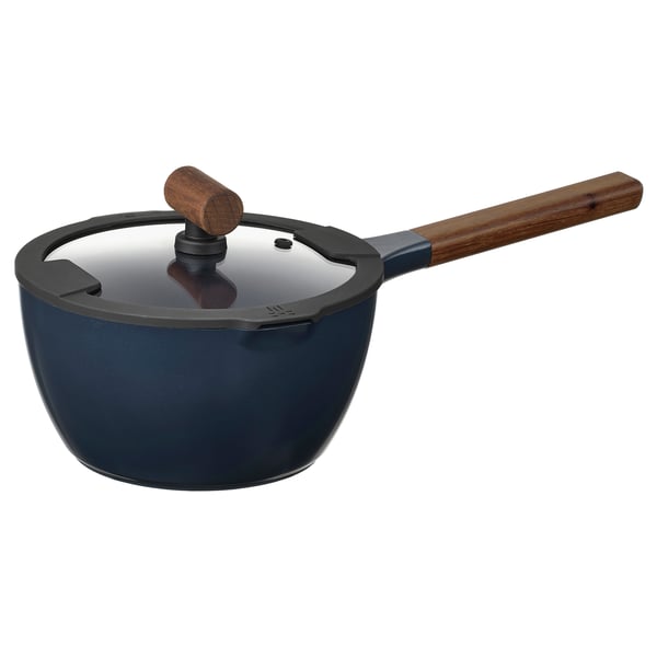 KLIPPFISK - Casserole with lid, non-stick coating glass/wood blue-black,2.3 l