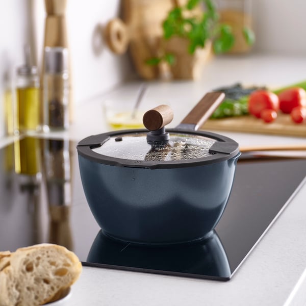 KLIPPFISK saucepan with lid, non-stick coating glass/wood black-blue, 2.3 l