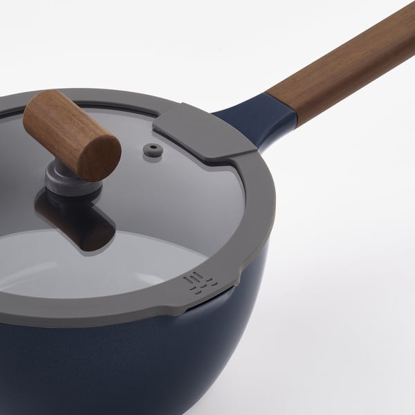 KLIPPFISK saucepan with lid, non-stick coating glass/wood black-blue, 2.3 l