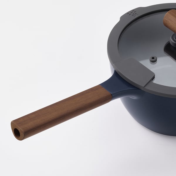 KLIPPFISK - Casserole with lid, non-stick coating glass/wood blue-black,2.3 l