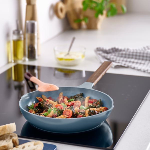 KLIPPFISK frying pan, non-stick coating/wood dark grey-blue, 24 cm