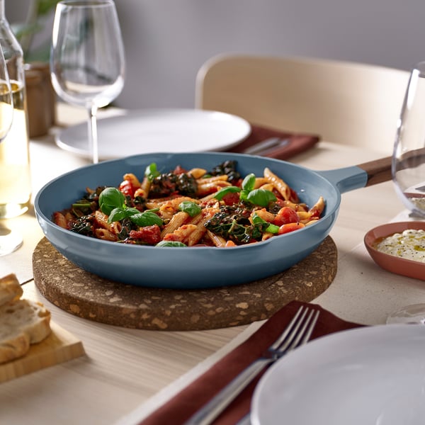 KLIPPFISK frying pan, non-stick coating/wood dark grey-blue, 28 cm